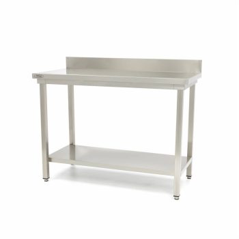 Tavolo in Acciaio Inox – 200 x 60cm – Altezza Regolabile – con Schienale e Ripiano di Stoccaggio